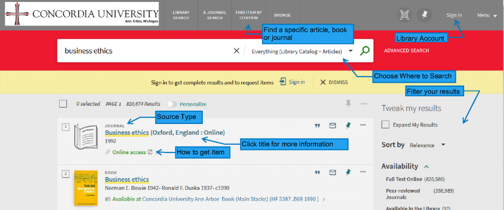 A screen shot of the primo interface with labels for different features